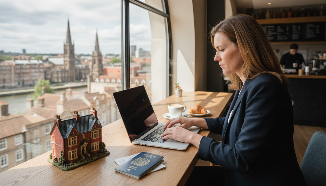 A professional person working on a laptop at a cafe overlooking a scenic European cityscape, with a UK passport and a miniature model of a British Victorian house on the table.